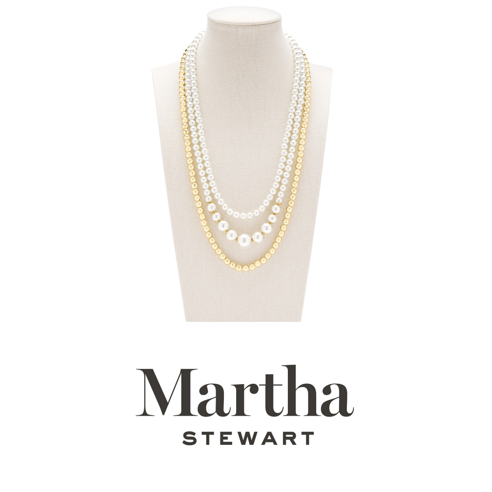 Martha Stewart Three Strand Pearl and Ball Necklace In Gold